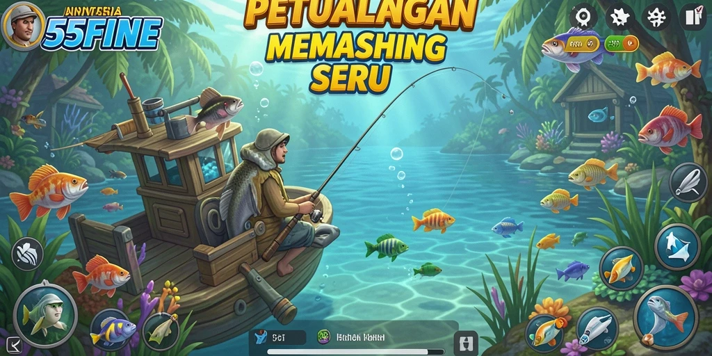 Tampilan utama gameplay 55FIVE yang menampilkan aksi seru memancing.