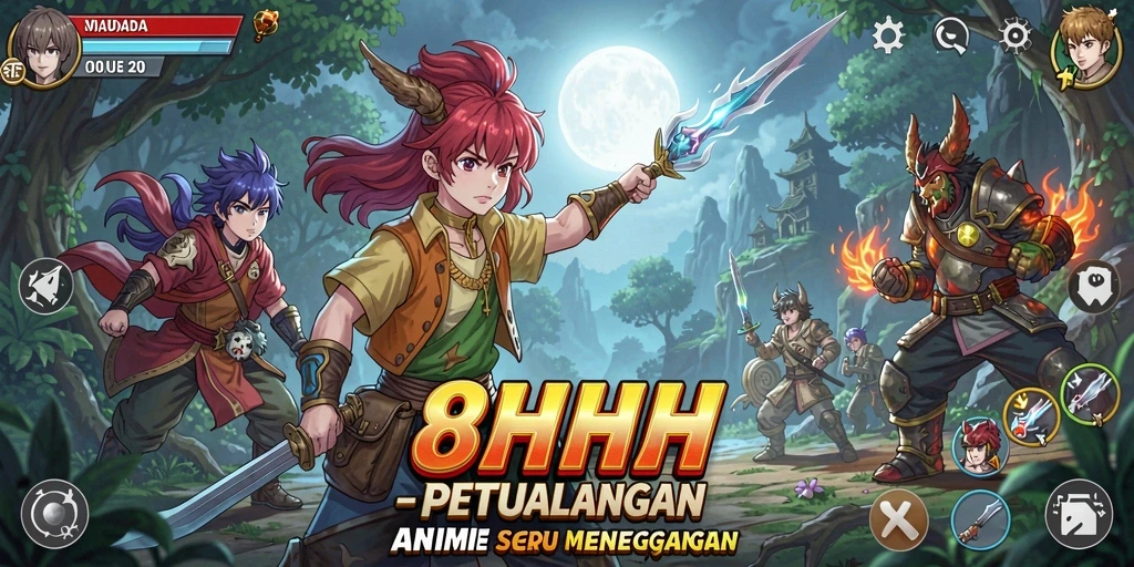 Screenshot gameplay 8HHH yang menampilkan karakter anime dalam aksi.