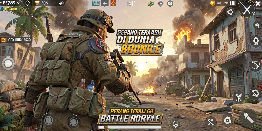 Screenshot menunjukkan aksi seru dalam EE789 saat pemain bertarung di medan perang.