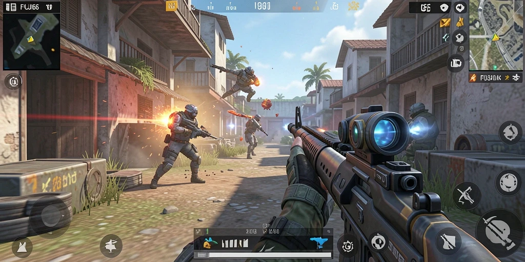 Screenshot gameplay utama FUJI66 menampilkan pertempuran intens di arena FPS.