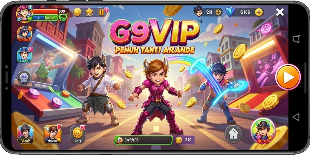 Tangkapan layar utama G9VIP menunjukkan aksi gameplay Arcade yang seru.