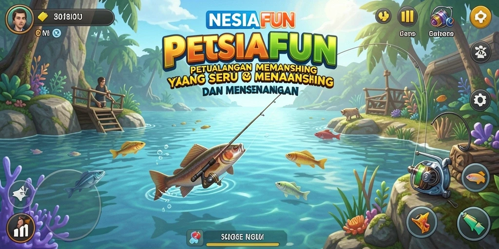 Screenshot NESIAFUN menampilkan pemain sedang memancing di lautan yang jernih.